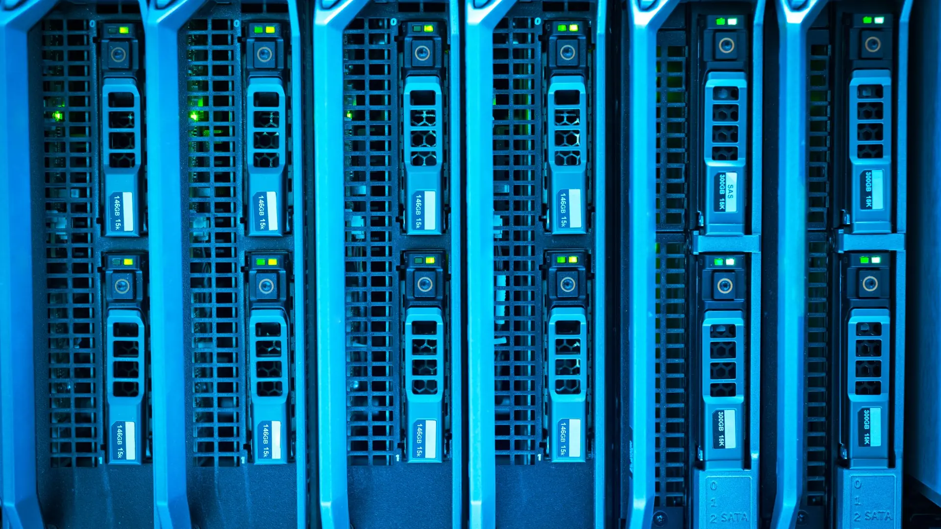 Rows of server units with blue status lights