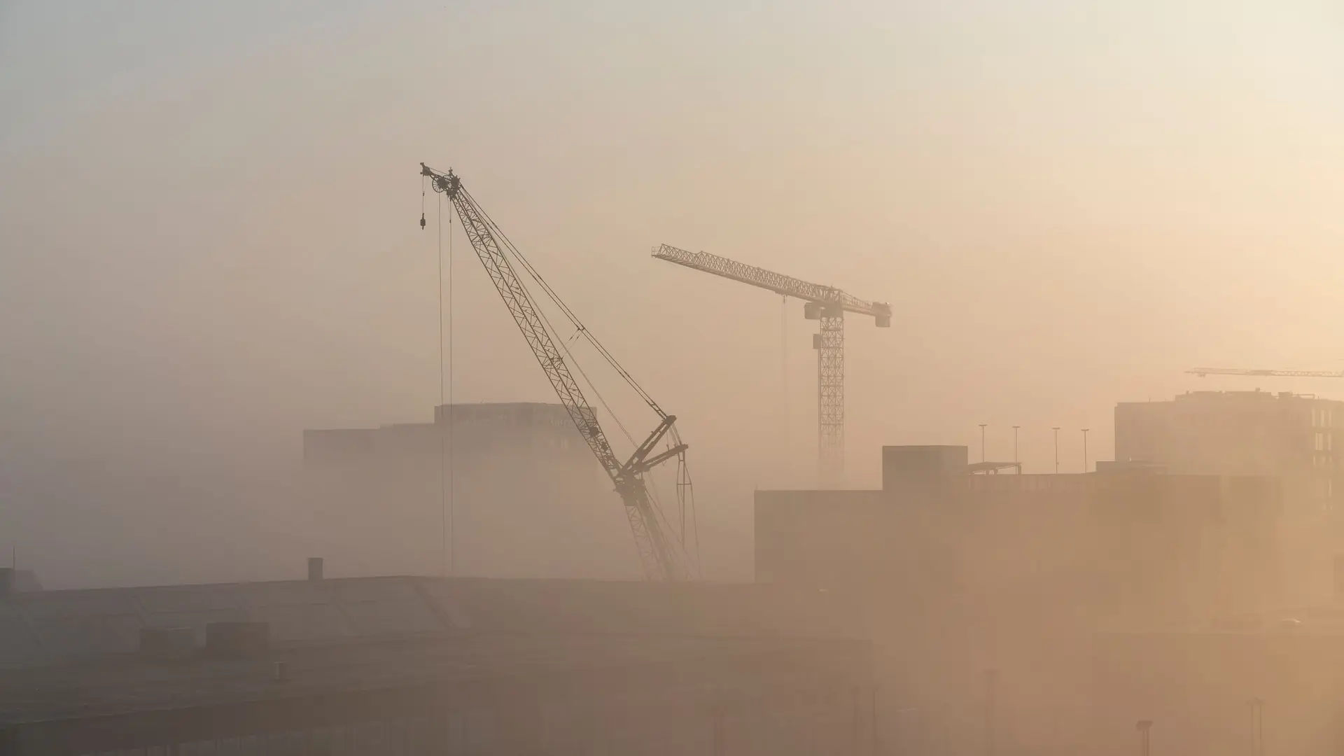 Construction cranes rising through soft morning mist